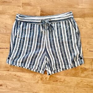 Per Se Women's Linen Blend Striped Shorts - Blue / White -‎ Size Large